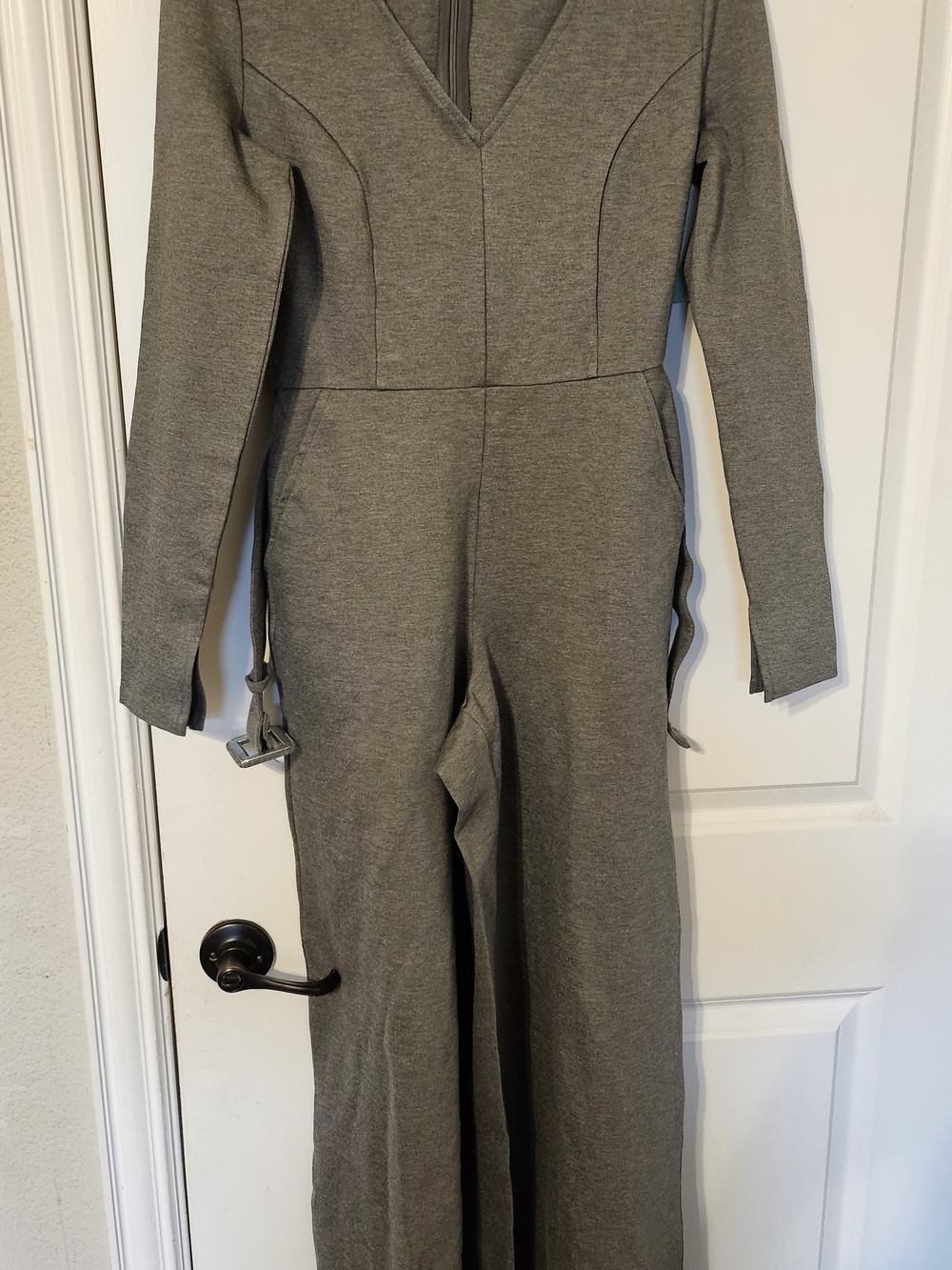New York & Company Olive-Grey Long-Sleeve Jumpsuit